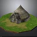 Traditional Thatched House with Conical Thatched Roof and Wooden Structure in Grassland Area