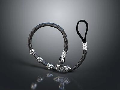 Handcrafted Black Woven Leather Bracelet With Intricate Carved Silver Beads Sculpture 3d model