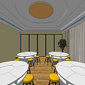 School Cafeteria With White Round Tables Yellow Bar Stools Large Windows And Wooden Flooring