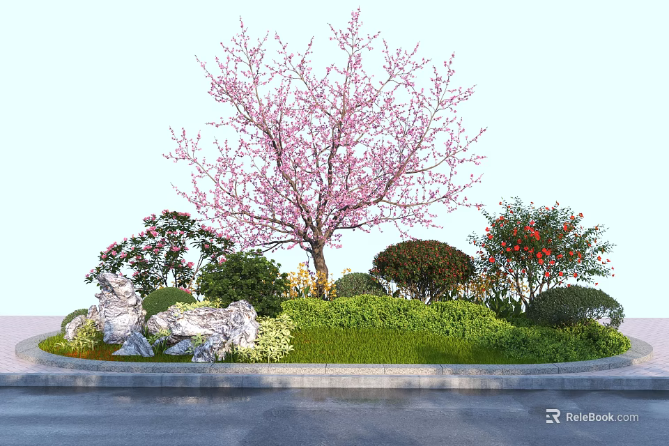 Roadside Landscaping Facility With Pink Flowering Tree Shrubs Lawn And Stones 3d model 