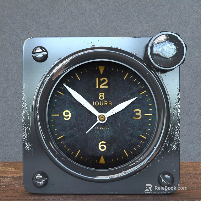 Square Metal Frame Clock with Black Dial Gold Numbers White Hands and 8 HOURS Text 3d model 
