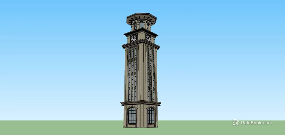 Traditional Tower With Clock Details Brown Exterior Multiple Levels And Ornate Windows 3d model 