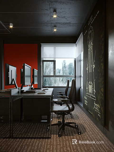 Public Office Space With Red Wall Black Furniture Computer Monitors Chalkboard Wall And Window View 3d model 