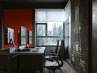 Public Office Space With Red Wall Black Furniture Computer Monitors Chalkboard Wall And Window View 3d model