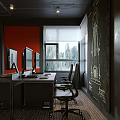Public Office Space With Red Wall Black Furniture Computer Monitors Chalkboard Wall And Window View