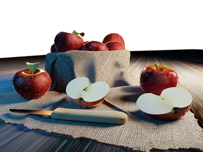 Fresh Red Apples in Burlap Bag with Sliced Pieces on Wooden Tabletop and Knife 3d model