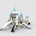 Children's Castle Themed Playground Equipment with Blue Towers Slides Stairs and Cloud Decorations