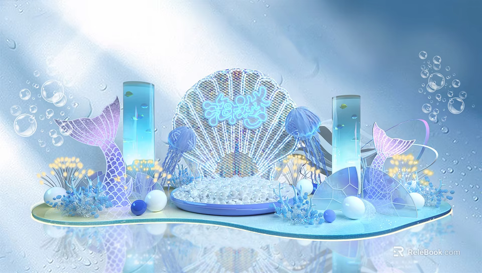 Ocean Theme Event Decor With Scallop Shell Mermaid Tail And Glowing Jellyfish 3d model 