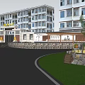 Modern Rural Village Landscape With White Buildings Trees Lawn Road Pedestrians And Cars