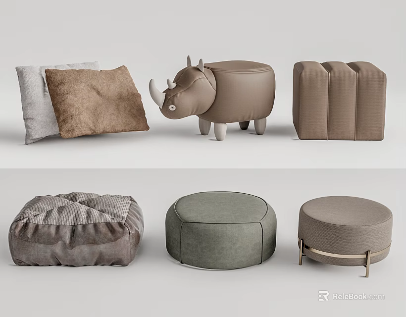 Various Shapes of Ottoman Stools in Neutral Tones with Textured Fabric and Pillows 3d model 