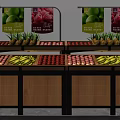 Wooden Fruit Display Shelves With Fresh Fruits Arrangement And Colorful Banners In Store