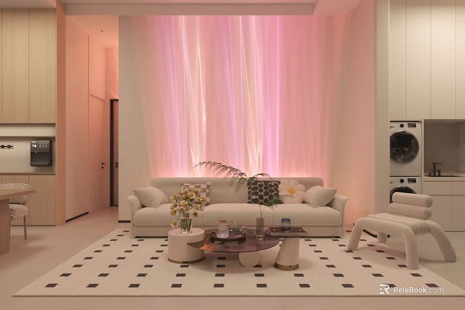 Elegant Cream Tone Living Room With Soft Pink Ambient Lighting And Comfortable Modern Interior Design 3d model 
