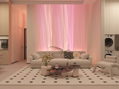 Elegant Cream Tone Living Room With Soft Pink Ambient Lighting And Comfortable Modern Interior Design 3d model