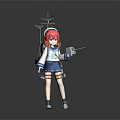 Anime Style Game Character With Red Hair In Sailor Uniform Holding Weapon And Warship Model