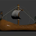 Traditional Wooden Boat With Carved Hull Mast Sail And Rowing Oars