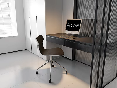 Modern Office Desk With Computer Chair And White Cabinets In Minimalist Interior 3d model
