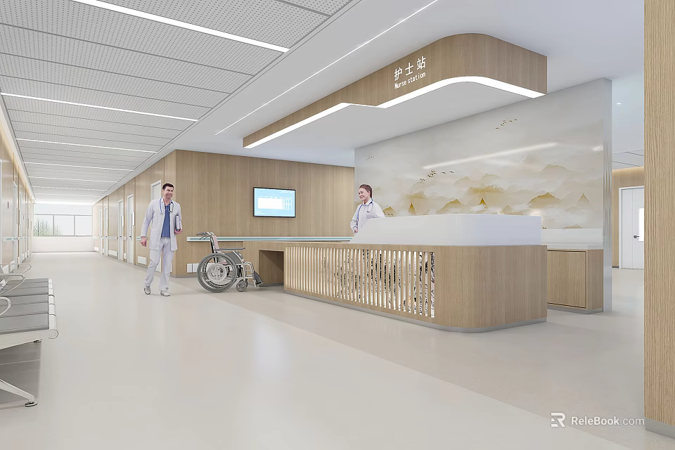 Modern Hospital Outpatient Clinic With Reception Desk Medical Staff Wheelchair 3d model 