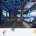 Modern Bar Interior With Blue Lighting Large Background Screens Bar Area And High Stools