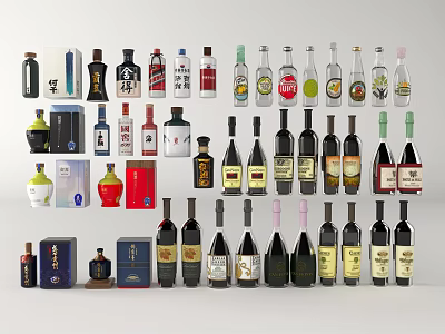 Assorted Wine Bottles and Glasses with Different Labels Shapes and Colors 3d model