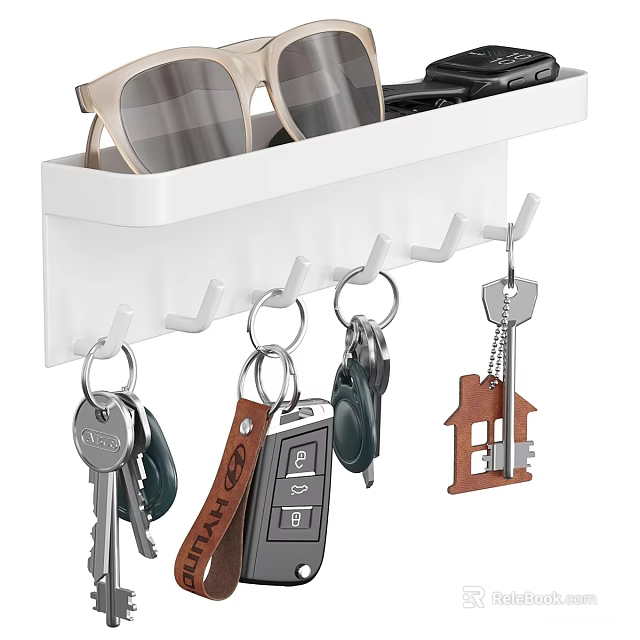 White Wall Mounted Organizer with Hooks for Storing Living Supplies Keys and Sunglasses 3d model 