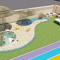 Colorful Garden Design With Green Lawn Straw Umbrellas Water Wheel And Play Area