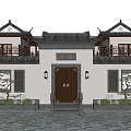 Traditional Chinese Ancient Architecture With Symmetrical Gate Overhanging Eaves And Wooden Door