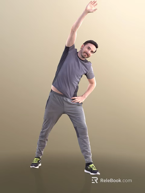 Man In Gray T-Shirt And Gray Pants Stretching With Arm Raised And Hand On Hip 3d model 