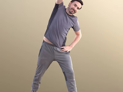 Man In Gray T-Shirt And Gray Pants Stretching With Arm Raised And Hand On Hip 3d model