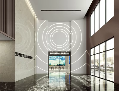 Modern Reception Desk Lobby With Marble Floor Glass Doors Circular Light Strips And Company Logo 3d model