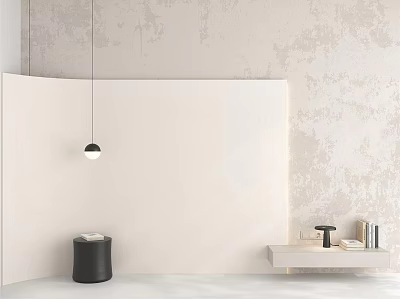 Modern Interior Featuring White Wainscoting Wall With Black Pendant Light And Decorative Shelf 3d model