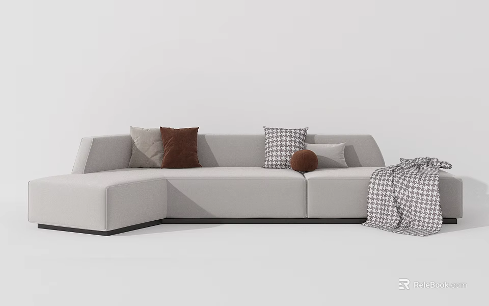 Light Gray Sectional Multi Person Sofa With Brown Plaid Throw Pillows And Blanket 3d model