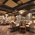 Elegant Restaurant Interior With Round Dining Table Light Chairs Woven Ceiling And Ink Painting Wall