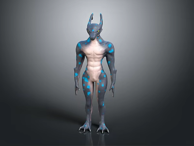 Game Fantasy Character Humanoid Muscular Creature With Blue Spots And Horns 3d model