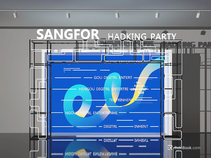 Sangfor Hacking Party Photo Spot with Blue Backdrop Digital Innovation Technology Elements 3d model 