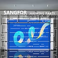 Sangfor Hacking Party Photo Spot with Blue Backdrop Digital Innovation Technology Elements