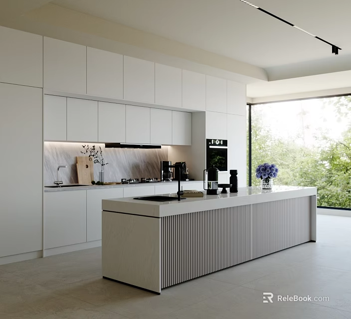 Modern Kitchen With White Cabinets Island Countertop Oven Coffee Maker Large Window And Decorative Flowers 3d model 