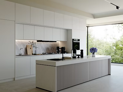 Modern Kitchen With White Cabinets Island Countertop Oven Coffee Maker Large Window And Decorative Flowers 3d model