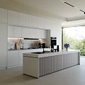 Modern Kitchen With White Cabinets Island Countertop Oven Coffee Maker Large Window And Decorative Flowers