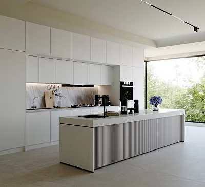 Modern Kitchen With White Cabinets Island Countertop Oven Coffee Maker Large Window And Decorative Flowers 3d model