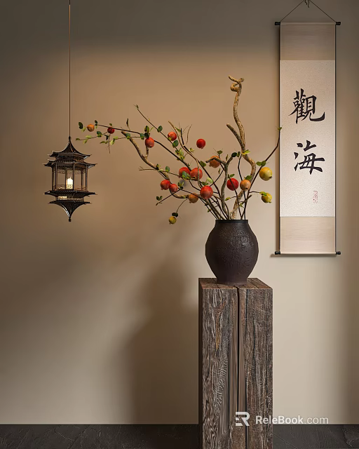Traditional Bonsai Potted Plant With Red Fruits Lantern Calligraphy Scroll And Wooden Stand 3d model 