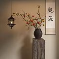 Traditional Bonsai Potted Plant With Red Fruits Lantern Calligraphy Scroll And Wooden Stand