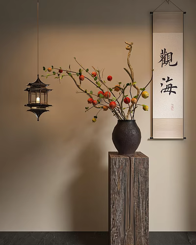 Traditional Bonsai Potted Plant With Red Fruits Lantern Calligraphy Scroll And Wooden Stand 3d model