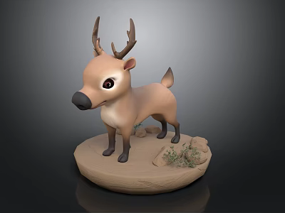 Cute Deer Fawn With Antlers Standing On Round Base With Small Stones And Plants 3d model