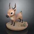 Cute Deer Fawn With Antlers Standing On Round Base With Small Stones And Plants