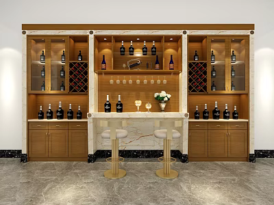 Elegant Modern Wine Cabinet With Glass Doors Wine Glass Rack Marble Countertop And Bar Stools 3d model