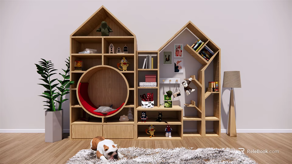 Kids House Star Shaped Bookshelf With Toys Books Red Round Cushion Potted Plant Dog 3d model 