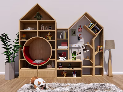 Kids House Star Shaped Bookshelf With Toys Books Red Round Cushion Potted Plant Dog 3d model