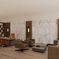 Elegant Office Interior With Wooden Cabinets Marble Walls Desk Chairs And Sofa