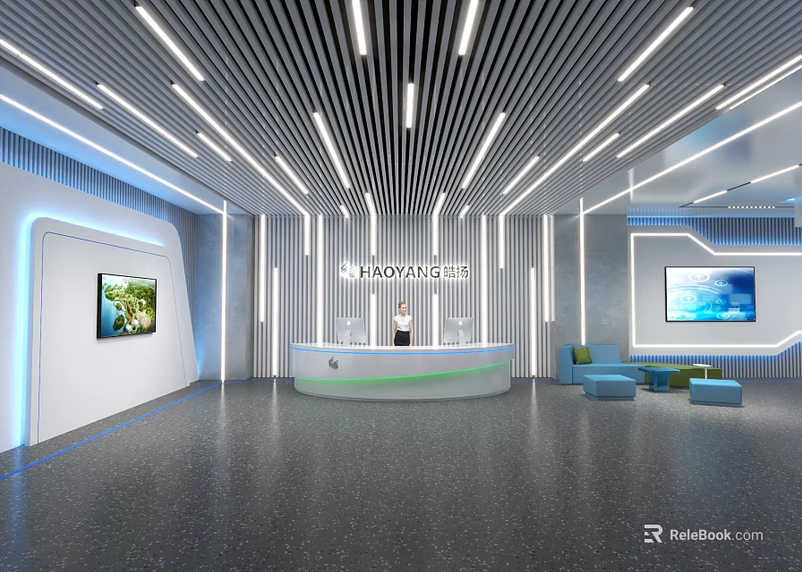Modern Exhibition Hall Interior With Reception Desk Blue Sofas Display Screens Lighting And Polished Floor 3d model 