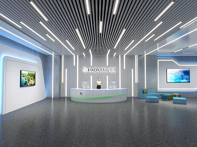 Modern Exhibition Hall Interior With Reception Desk Blue Sofas Display Screens Lighting And Polished Floor 3d model